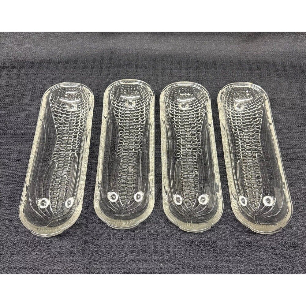Vintage Clear Glass Corn‎ on the Cob Serving Trays Set of 4 Farmhouse Holders